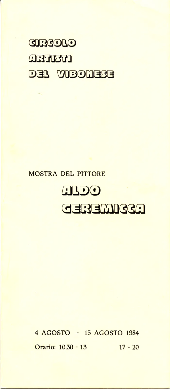 Copertina del catalogo della mostra al Circolo Artisti del Vibonese, 1984